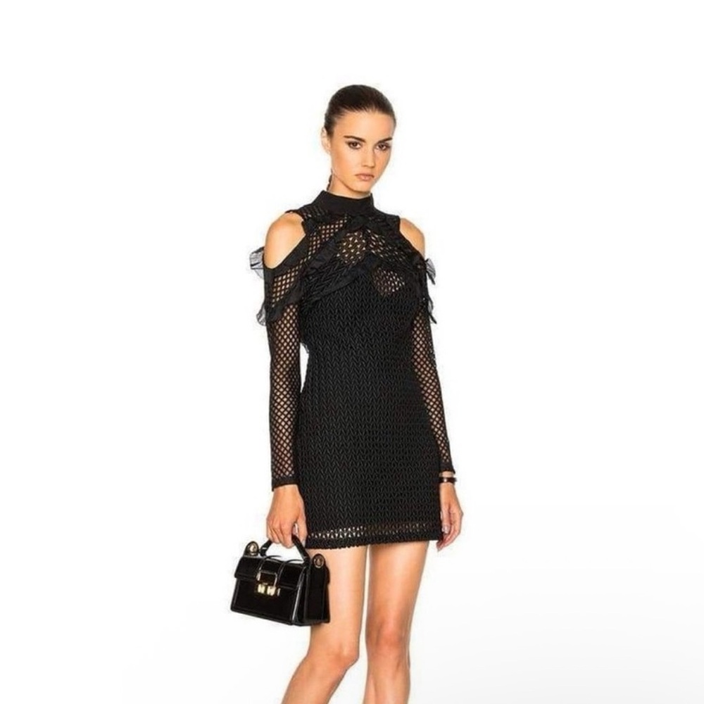Self-Portrait Black and White Ruffled Cold Shoulder Midi Dress